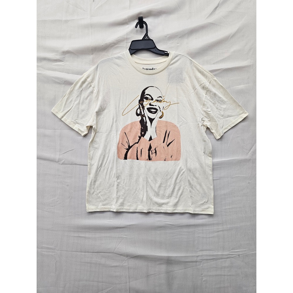 Legendary Rootz Womens Portrait Art Graphic T-Shirt Ivory Cotton Size Small